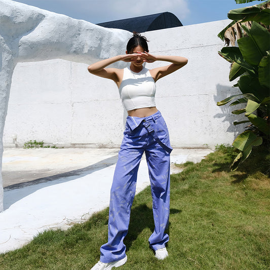 La Nikar Strappy Denim Printed Sports Pants