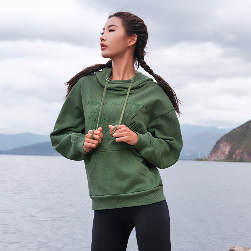 La Nikar Women's Autumn/Winter Warm Long Sleeve High Neck Loose Hooded Gym Top